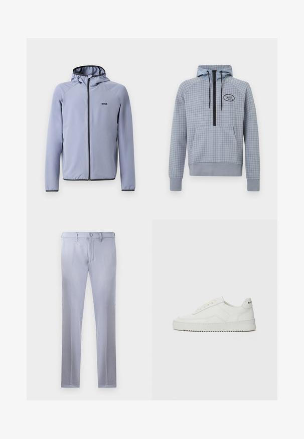 Light blue zip-up jacket with a hood, made of smooth fabric. Features black accents along the zipper and hem, with a logo on the chest.; Light blue hoodie with a checkered pattern, half-zip design, adjustable drawstrings, and a front pouch pocket. Black logo accent.; Light gray tailored trousers made of smooth fabric, featuring a button closure, belt loops, and straight-leg design. No pockets visible.; White leather sneaker with a smooth finish, round toe, flat laces, and a textured sole. Features a subtle logo on the heel.