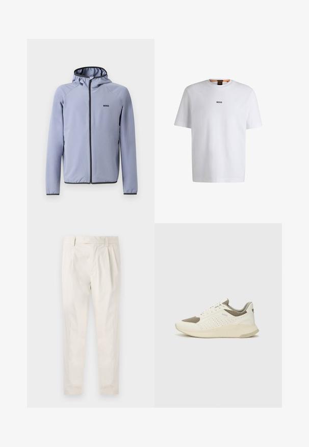 Lichtblauwe zip-up jack met capuchon, gemaakt van een gladde stof. Bevat zwarte accenten langs de rits en onderrand, met een logo op de borst.; Witte katoenen T-shirt met korte mouwen, voorzien van een zwart "BOSS"-logo in het midden van de borst en een ronde halsontwerp.; Witte, geplooide broeken met een getailleerde pasvorm, met een gladde textuur, riemlussen en taps toelopende benen. Geen zichtbare zakken of patronen.; Witte en lichtbeige sport sneaker, met een bovenwerk van mesh, geperforeerde details en een gestructureerde tussenzool met branding op de hiel.