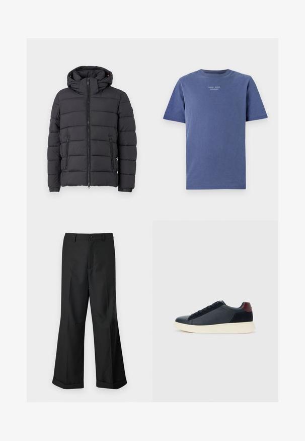 Schwarze Pufferjacke mit Kapuze, Reißverschluss und zwei Seiten Taschen. Hat ein horizontal gestepptes Muster und elastische Bündchen.; Marineblaues T-Shirt mit kurzen Ärmeln aus Baumwolle. Verfügt über einen runden Halsausschnitt und kleinen weißen Text auf der Brust: "SAMSØE SAMSØE KOPENHAGEN."; Schwarze weit geschnittene Hosen mit geknöpftem Bund und umgeschlagenen Säumen, vor einem schlichten weißen Hintergrund präsentiert.; Schwarze Leder- und Wildledersneaker für Herren mit einem ziegelroten Fersenpatch und weißer Gummisohle, von der Außenseite betrachtet.