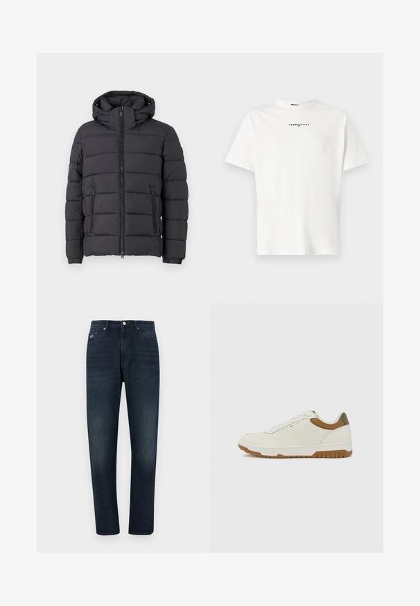 Black puffer jacket with a hood, zip closure, and two side pockets. Features horizontal quilted pattern and elasticized cuffs.; White cotton t-shirt featuring a crew neck and short sleeves. Front displays black "TOMMY JEANS" logo centered near the neckline.; Dark blue denim jeans with a classic cut, featuring a zip fly, five pockets, and a small logo patch on the left front pocket.; Tommy Hilfiger BASKET CORE - Trainers - ecru/army green