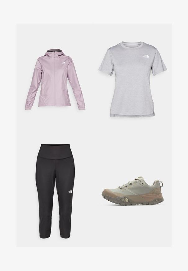 The North Face QUEST JACKET - Regnjakke - purple chalk; Grå kortermet t-skjorte laget av myk, fukttransporterende stoff. Har en rund hals og en liten hvit logo på øvre venstre side.; Sorte capri leggings laget av elastisk stoff, med høy midje og en liten hvit logo på venstre side. Glatt tekstur.; Lys grå sportssko med beige aksenter, laget av syntetisk materiale. Har en robust såle, snøring, og merking på siden.