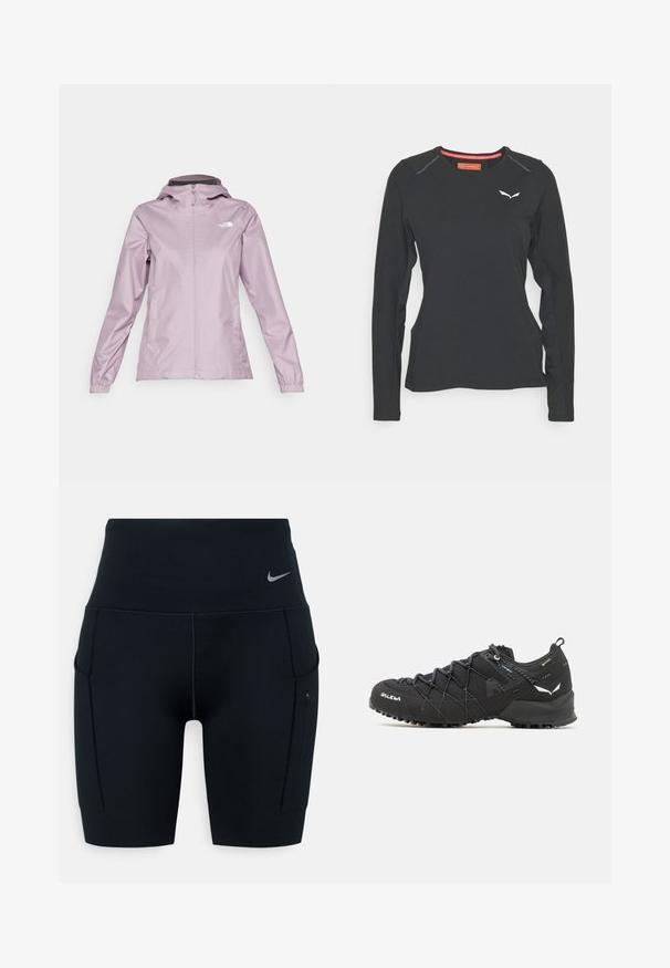 The North Face QUEST JACKET - Veekindel jope - purple chalk; Salewa PEDROC DRY TEE W. - Pikkade varrukatega topp - black out; Mustad kõrge vöökohaga sportlikud lühikesed püksid, valmistatud venivast materjalist; külgedel on taskud ja vööl väike Nike logo.; Mustad matkajalatsid tekstuurse kangas ülaosaga, sidumisüsteemiga ja jäiga kummitaldiga. Kaunistatud peegeldavate detailide ja logodega.