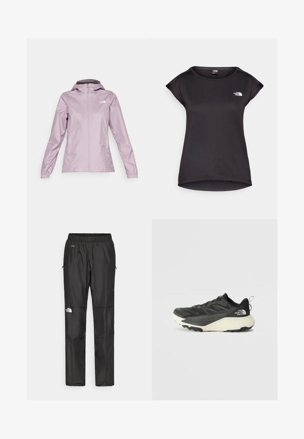 The North Face QUEST JACKET - Waterproof jacket - purple chalk; The North Face TANKEN TANK - Sports T-shirt - black; Black waterproof pants made from lightweight fabric, featuring an elastic waistband, side pockets, and a logo on the left leg.; Black athletic shoe with a textured upper, featuring gray accents and a white midsole. Includes a pull tab and prominent brand logo on the heel.