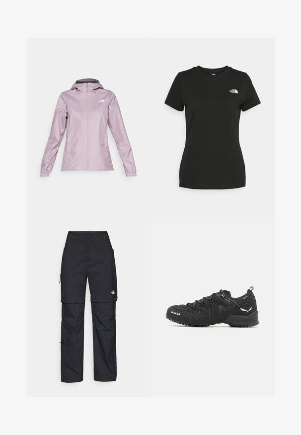 The North Face QUEST JACKET - Regnjakke / vandafvisende jakker - purple chalk; Sort bomulds T-shirt med rund halsudskæring og korte ærmer. Bemærkelsesværdig hvid logo på øverste venstre side. Glat tekstur, afslappet pasform.; Sorte nylon cargo bukser med lynlås, justerbare manchetter, flere lommer og et logo på højre ben. Glat, let tekstur.; Sorte vandresko med en tekstureret stofoverdel, snøresystem og robust gummisål. Accenteret med reflekterende detaljer og logoer.