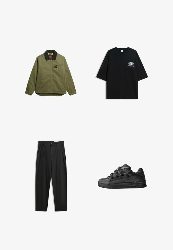Oliwkowa kurtka z zamkiem z przodu, kontrastowym czarnym kołnierzem, kieszenią z przodu i przeszyciami. Wykonana z wytrzymałego materiału.; Czarna, oversize bawełniana koszulka z okrągłym dekoltem i krótkimi rękawami, z białym logo "Shibuya" nadrukowanym na przodzie.; Czarne bawełniane spodnie o luźnym kroju, z klasycznym pasem, przednimi plisy oraz bocznymi kieszeniami. Gładka struktura, bez wzorów.; Czarne sneakersy z gładką skórzaną cholewką, teksturowanymi akcentami i okrągłymi czarno-białymi sznurowadłami. Gruba gumowa podeszwa z wzorzystym bieżnikiem.