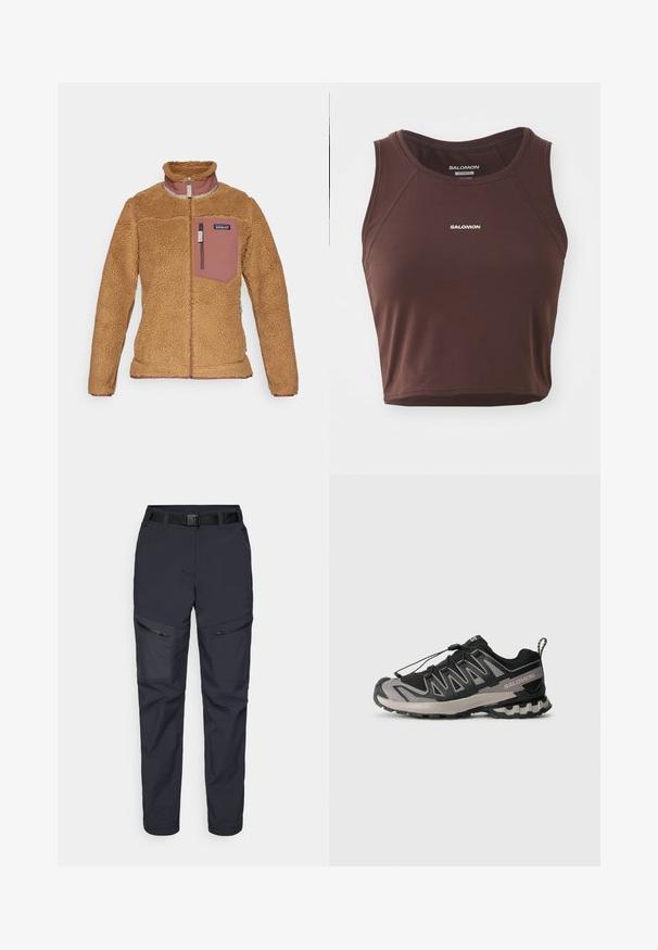 Patagonia CLASSIC RETRO-X JACKET - Fleecejakke - nest brown/dulse mauve; Brun, ærmeløs tanktop laget av glatt stoff, med rund hals og sømdetaljer. "SALOMON" logo i hvitt på forsiden.; Marine utendør bukser laget av syntetisk materiale, med glidelåslommer, belte og en smalere ben-design. Glatt tekstur med minimale detaljer.; Svart og grå atletisk sko med mesh-overdel, gummisåle og elastisk snøresystem. Har forsterket tå og teksturerte detaljer.