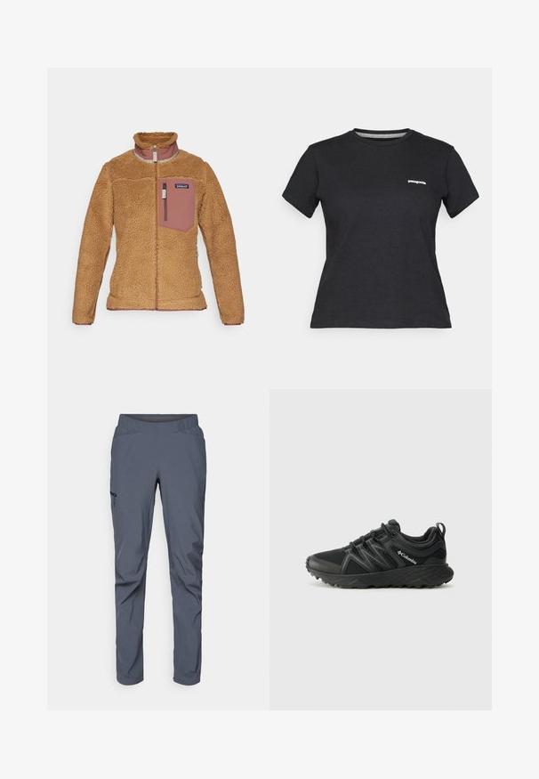 Patagonia CLASSIC RETRO-X JACKET - Fleecejakke - nest brown/dulse mauve; Svart bomull T-skjorte med rund hals og korte ermer. Har en hvit "Patagonia" logo på venstre brystområde.; Grå prestasjonsbukser med elastisk midjebånd, to frontlommer og en glidelåslomme på siden. Glatt tekstur og innsnevring.; Columbia PEAKFREAK - Fjellsko - black