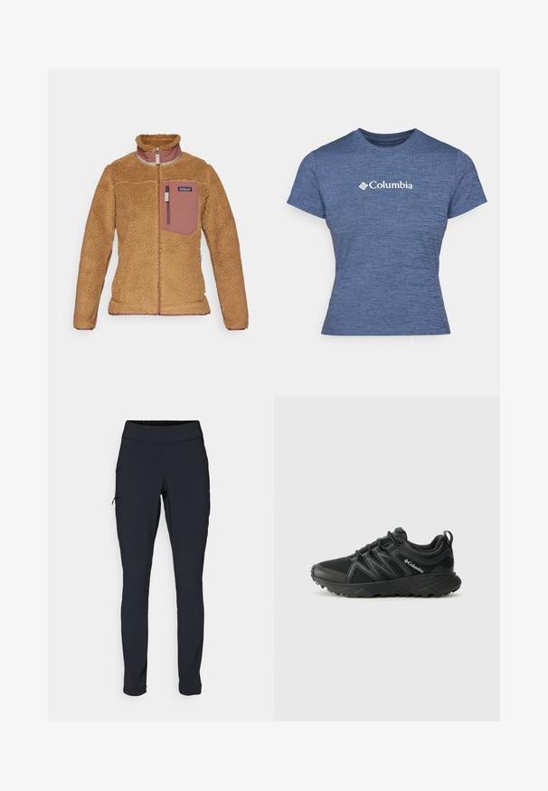 Patagonia CLASSIC RETRO-X JACKET - Flisinė striukė - nest brown/dulse mauve; Mėlynas trumpas rankovėmis marškinėliai iš tekstūruoto audinio, turintis baltą „Columbia“ logotipą ant krūtinės, apvalų kaklą ir prigludusį dizainą.; Juodi sportiniai medvilniniai kelnių modeliai su siauru kirpimu, elastinga juosmens juosta ir šonine kišene su užtrauktuku. Lygus, elastingas audinys su minimaliais siūlės.; Columbia PEAKFREAK - Turistiniai batai - black
