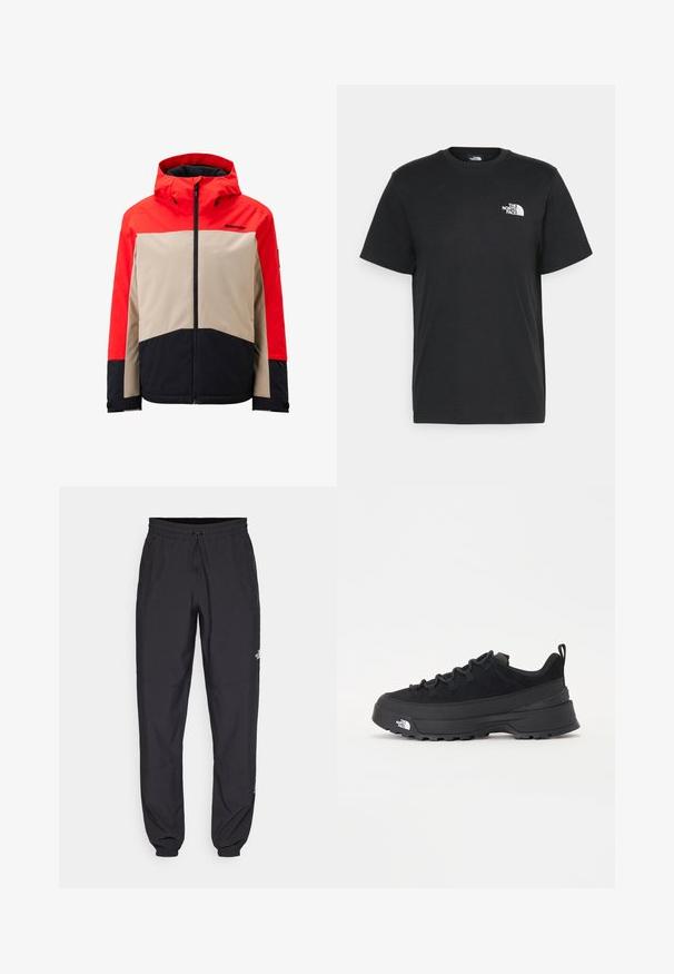 Giacca color block rossa, beige e nera con cappuccio, chiusura zip e polsini regolabili. Realizzata in un materiale liscio, probabilmente resistente all'acqua.; T-shirt nera in cotone con maniche corte, colletto a giro, e un piccolo logo bianco sul lato sinistro del petto. Design semplice, texture liscia e vestibilità rilassata.; Pantaloni sportivi neri realizzati in tessuto leggero, con vita regolabile con cordino, tasche laterali e orli affusolati alle caviglie.; Sneaker da esterno nera con parte superiore in suede, suola in gomma testurizzata e robusto sistema di allacciatura. Presenta un tallone rinforzato e il logo del marchio sul lato.