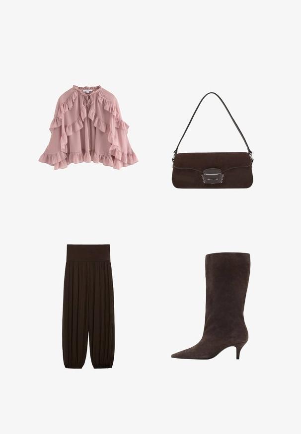 Cape rose clair avec des bords froncés, fabriqué à partir d'un tissu doux. Doté d'un lien de fermeture au cou et d'un design fluide avec des volants superposés.; Blouse rose pâle avec des manches longues, un col froncé, une taille à cordon et des finitions en dentelle aux poignets et à l'ourlet. Tissu léger et texturé.; Pantalons plissés marron avec une large taille élastique. Le tissu est léger et texturé, avec des ourlets froncés aux poignets.; Botte en daim marron hauteur genou avec un bout pointu et un talon de hauteur intermédiaire, présentant une texture lisse et un design élégant.; Sac à main en daim marron avec une longue sangle en cuir, des garnitures en argent, une forme rectangulaire et un rabat plat comportant un embellissement central.
