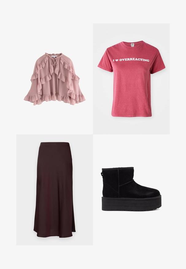 Capa de color rosa claro con bordes rizados, confeccionada en una tela suave. Presenta un cierre atado en el cuello y un diseño fluido con volantes en capas.; Camiseta de algodón color marrón con mangas cortas, con un texto blanco que dice "I ♥ OVERREACTING" en el pecho. Diseño simple con cuello de tripulación.; Falda midi de satén burdeos con una textura suave, un ajuste recto y un dobladillo ligeramente acampanado. Sin patrones visibles ni detalles de hardware.; Botines de ante negro con una suela de plataforma gruesa y forro suave. Terminado con acentos de costura y una lengüeta trasera para facilitar su colocación.
