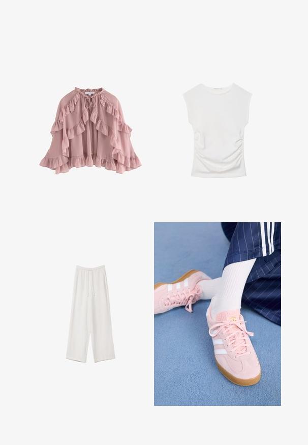 Jasnoróżowy płaszcz z falbaniastymi brzegami, wykonany z miękkiego materiału. Posiada zapięcie na kokardę przy szyi oraz zwiewny krój z warstwowymi falbanksami.; Biały bezrękawnik z okrągłym dekoltem i delikatnym marszczeniem po bokach, ułożony płasko na białym tle.; Białe spodnie o szerokich nogawkach wykonane z lekkiego materiału. Posiadają elastyczny pas z sznurkiem i boczne kieszenie. Gładka tekstura.; Jasnoróżowe zamszowe sneakersy z białymi paskami i sznurówkami, z teksturowanym językiem i gumową podeszwą, umieszczone na niebieskim dywaniku.