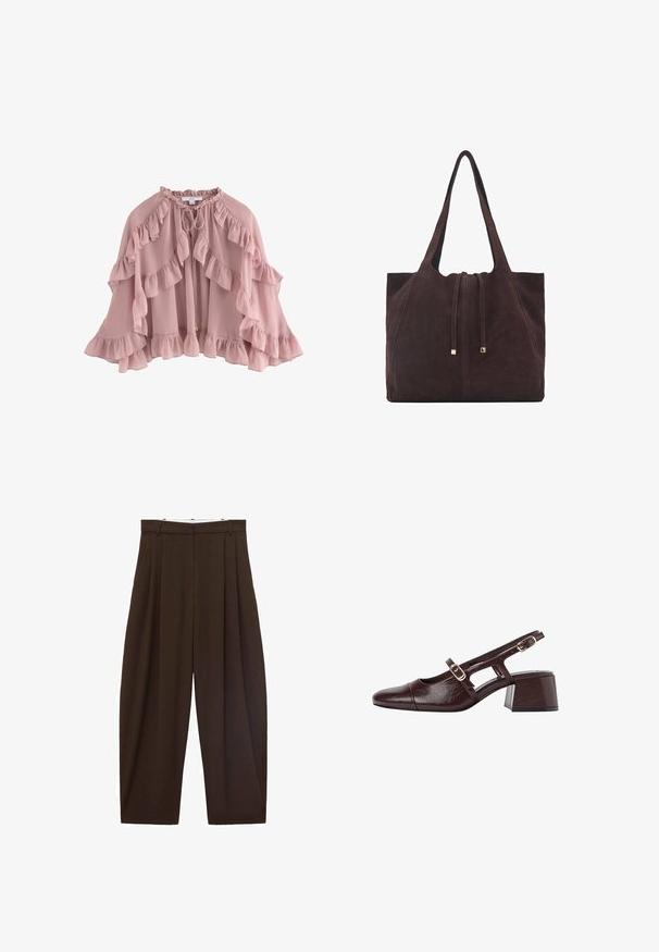 Cappa rosa chiaro con bordi arricciati, realizzata in tessuto morbido. Presenta una chiusura con lacci al collo e un design fluido con strati di balze.; Maglietta corta marrone a maniche corte con scollatura rotonda, realizzata in tessuto strutturato. Presenta una vestibilità rilassata e un orlo leggermente ondulato. Design pulito e minimalista.; Pantaloni marroni a vita alta con pieghe, realizzati in tessuto morbido. Vestibilità ampia, design a gamba dritta, dotati di passanti per cintura e chiusura con zip.; Tacchi slingback in pelle marrone con punta quadrata, lati scavati e tacco a blocco. Presentano una fibbia sulla cinghia alla caviglia.; Mango Shopping bag - dark brown