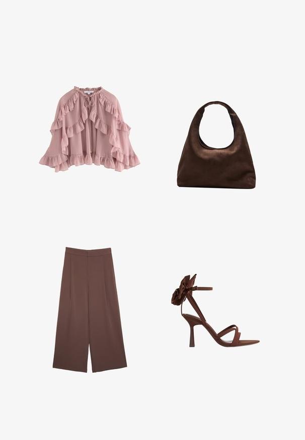 Helles rosa Cape mit gewellten Kanten, aus weichem Stoff gefertigt. Verfügt über einen Bindeschluss am Hals und ein fließendes Design mit schichtweise Fransen.; Braunes, kurzärmliges T-Shirt aus weichem Material mit rundem Halsausschnitt und lockerer Passform. Keine sichtbaren Muster oder Akzente.; Braune Weite-Leg-Hosen mit einer glatten Textur, hoher Taille und Vorderfalten. Der Stoff ist leicht und fällt locker.; Braune Absatzsandale mit floralem Akzent am Knöchel. Verfügt über schlanke Riemen, offene Zehen und ein konisch zulaufendes Heel-Design. Glatte Oberfläche.; Weiche braune Hobo-Stil Handtasche mit einem einzigen breiten Trageriemen und einer geschwungenen Oberteilöffnung, auf einem weißen Hintergrund präsentiert.