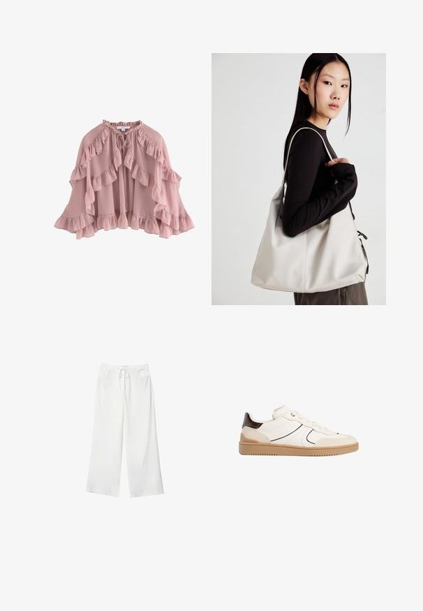 Svetloružový plášť s volánmi, vyrobený z jemnej látky. Obsahuje viazanie na krku a plynulý dizajn s vrstvenými volánmi.; Biele tričko s krátkym rukávom a okrúhlym výstrihom, vyrobené z mäkkého bavlneného materiálu, s jednoduchým a čistým dizajnom bez viditeľných vzorov alebo doplnkov.; Biele široké nohavice vyrobené z mäkkej látky, s pásekom na sťahovanie a dvoma prednými vreckami. Hladká textúra a bez viditeľných vzorov.; Stradivarius Tenisky - white; Béžová kabelka vyrobená z mäkkého materiálu, s uvoľneným dizajnom, prišitými detailmi a dvoma popruhmi na nosenie na pleciach. Vhodná na každodenné nosenie.