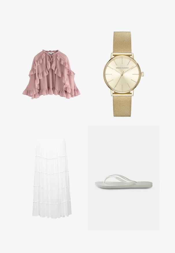 Svetlo roza plašč z nabranimi robovi, izdelan iz mehkih tkanin. Ima zavezan ovratnik in tekoč dizajn z večplastnimi frufruji.; Bela majica z globokim V-izrezom, cvetličnim teksturiranim vzorcem, valovitim robom in ohlapnim krojem. Narejena iz lahkotnega blaga.; Bela večplastna krila iz lahkotnega materiala, ki ima elastičen pas, nabrane plasti in tekoč dizajn, ki se razteza do sredine meč.; Bela natikača s teksturirano podplatom, koja ima tanke trakice i ravni dizajn. Napravljena od gume s suptilnim logotipom na ulošku.; Zlata nehrđajuća čelična sat s mrežastim remenom. Okruglo lice s brušenom zlatnom pozadinom, oznakama sati i kristalnim akcentima.