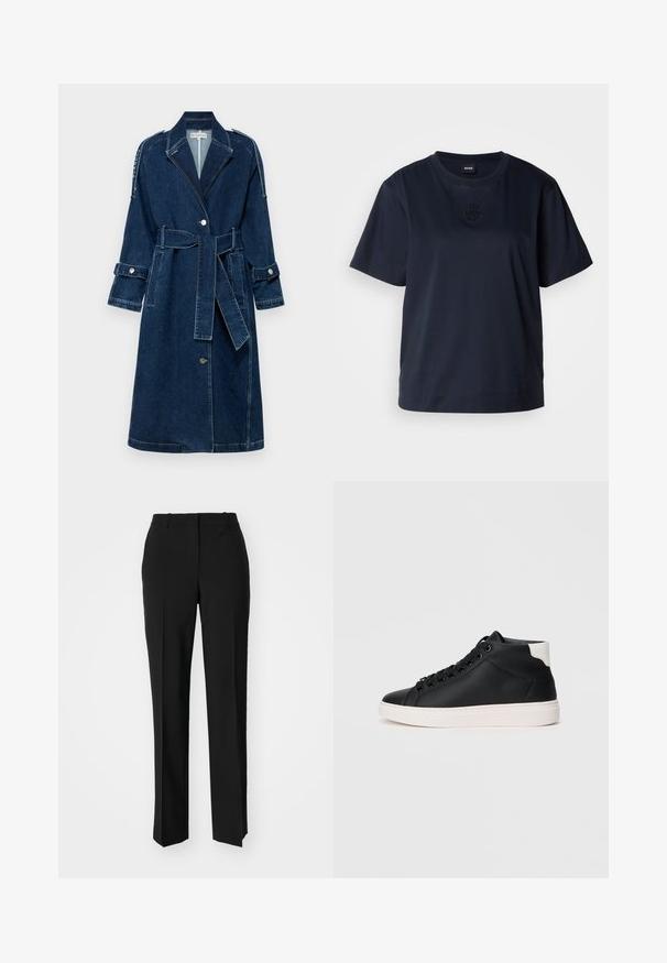 BLANCHE WAYNE - Trenčkot - rinse; Námornícky modré tričko s krátkym rukávom vyrobené z mäkkej bavlny. Obsahuje zaoblený výstrih a jemne vyšité logo na hrudi.; Čierne krajčírské nohavice so strihom rovného nohu, s hladkou textúrou a ostrými skladmi pozdĺž prednej časti. Žiadne viditeľné hardvér.; Čierne vysoké tenisky vyrobené z hladkej kože s bielou gumovou podrážkou, so zaoblenými šnúrkami, polstrovaným golierom a kontrastným pätkovým akcentom.