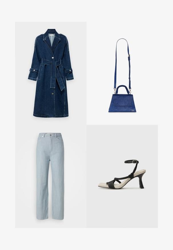 BLANCHE WAYNE - Trenčkot - rinse; Biely dlhý rukáv tričko vyrobené z rebrovanej látky, s okrúhlym výstrihom a priliehavým strihom. Neobsahuje vzory ani akcenty.; Svetlomodré džínsy rovného strihu vyrobené z denimu. Majú päť vreciek, kovové zapínanie na gombík a jemné žmolkovanie pre textúru.; Čierne sandále na podpätku s pleteným pásikom, štvorcovou špičkou a nastaviteľným remienkom okolo členka. Svetlobéžová stielka s lesklým čiernym podpätkom.; Modrá umelecká kožená taška s trojuholníkovým tvarom, s hornou rúčkou a nastaviteľným ramenným popruhom. Má hladkú textúru a detail predného klopa.