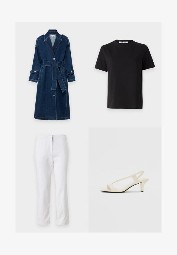 BLANCHE WAYNE - Lietpaltis - rinse; Juodas trumpas rankovės marškinėliai, pagaminti iš minkštos medvilnės, su apvaliu iškirpimu, laisvu pritaikymu ir lygiu paviršiumi. Nėra matomų raštų ar grafikos.; Balti medvilniniai kelnių su tiesiu kojų dizainu, turintys vidutinį liemenį ir be matomų detalių ar raštų. Lygi tekstūra visame paviršiuje.; Kreminės blokų kulno šlepetės su plonomis dirželiais ir kvadratiniu pirštu. Lygus medžiaga su minimaliais akcentais, sukurtos lengvam dėvėjimui.