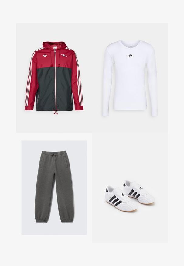 adidas Originals ARSENAL FC ICON PARKA - Klubruházat - team coll burgundy /black; Hosszú ujjú fehér sportpóló sima anyagból, fekete Adidas logóval a mellrészen; V nyakú kialakítás és testhezálló fazon.; Szürke, puha anyagból készült melegítőnadrág, húzózsinórral ellátott derékkal, rugalmas mandzsettákkal és oldalsó zsebekkel. Egyenes szabású.; Fehér sportcipő fekete csíkokkal, velúrszerű textúrával, kerek orral és tépőzáras pánttal. Gumi talp a tapadásért.