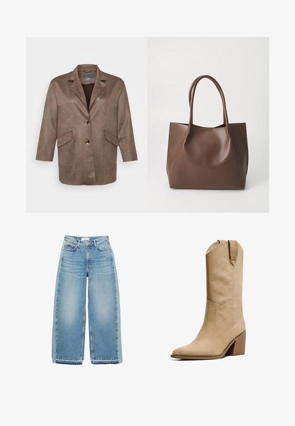 Barna műsuede blézer, kiképzett hajtókával, két elülső zsebbel és egy gombos záródással. Háromnegyed hosszúságú ujjak jellemzik.; Barna kapucnis pulóver puha anyagból, nagy kapucnival, elülső zsebbel, valamint bordás mandzsettákkal és aljjal. Egyszerű, hétköznapi dizájn, minta nélkül.; Világoskék, bőszárú farmernadrág, magas derekú, gombos záródással, elülső zsebekkel és nyers szegéllyel.; Bershka HIGH-HEEL - Cowboy és motoros csizmák - beige; Barna bőr tote táska két hosszú fogantyúval, strukturált alakú, sima felületű és minimalista dizájnnal. Nincs látható fémrész vagy díszítés.
