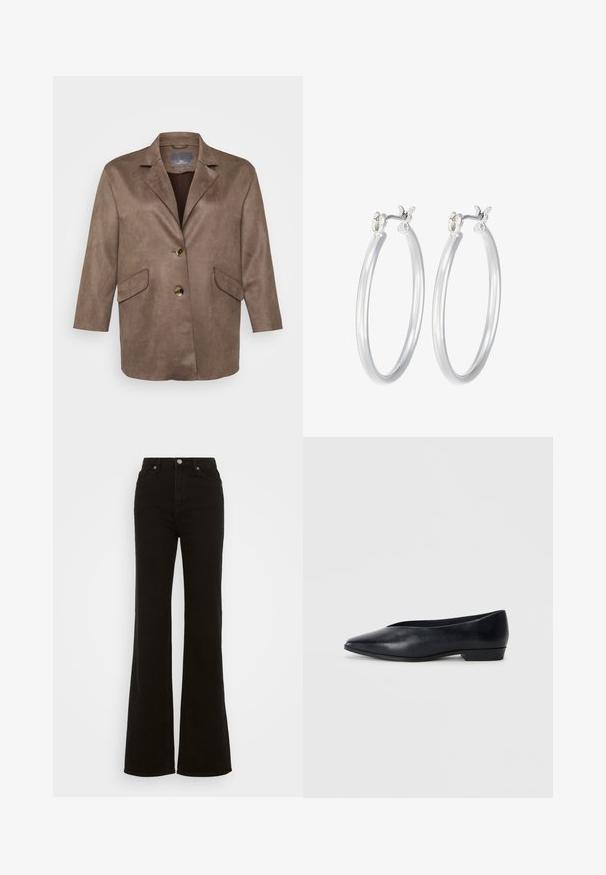 Svetlo rjav umetni zamak s poudarjenimi lapelami, dvema sprednjima žepoma in enim gumbom za zapiranje. Ima rokave do tri četrtine.; Črno-bele kratke bodi s krožnim izrezom in tangicami, izdelani iz gladkega, raztegljivega materiala.; Črne flare kavbojke z visokim pasom, izdelane iz denima, s gumbom za zapiranje, stranskimi žepi in gladko teksturo.; Črne usnjene balerinke s špičastim nosom, rahlo dvignjenim peto in gladko površino. Preprost dizajn brez vidnih dodatkov ali vzorcev.; Srebrni obroči za ušesa z gladko, polirano površino. Okrogla oblika in varna zaponka s klikom. Lahka zasnova, primerna za vsakodnevno nošenje.