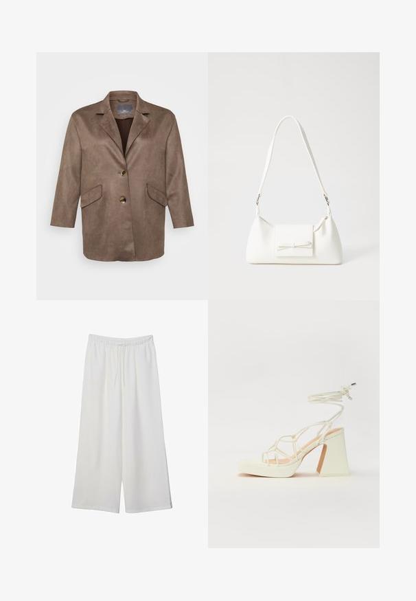 Ruskea tekosuede takki, jossa on leikattu kaulus, kaksi etutaskua ja yksittäinen painonappi. Ominaisuuksiin kuuluvat kolmanneksen pituiset hihat.; Vaaleanbeige lyhythihainen t-paita, jossa on pyöreä kaula-aukko, valmistettu pehmeästä ja sileästä kankaasta. Ominaisuuksina rento mitta ja suora helma.; Valkoiset leveälahkeiset housut, jotka on valmistettu kevyestä kankaasta. Niissä on joustava vyötärö ja nauha säädettävää istuvuutta varten. Sileä pinta.; Valkoinen korkokenkä, jossa on paksu korko, ja joka sisältää nauhakiinnityksen ja nilkkaketjun. Sujuva pinta, jossa on platform-etupohja lisäkorkeutta varten.; Valkoinen synteettinen käsilaukku, jossa on kolmikulmainen muoto, tasainen etu läppä ja nauhadetail, säädettävä olkahihna, sileä rakenne ja minimalinen muotoilu.