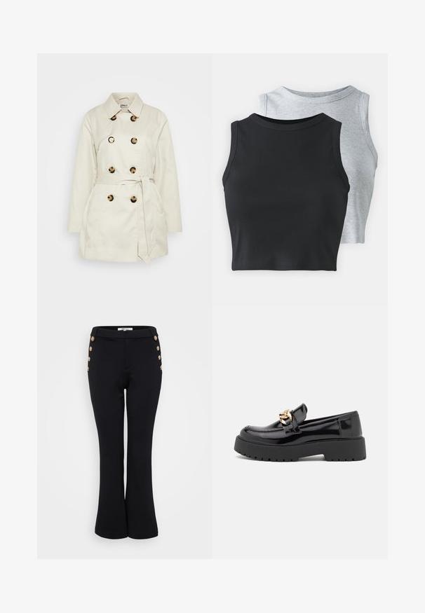 Beige trench coat, valmistettu puuvilla-sekoitteesta. Sijoituksessa on kaksinkertainen nappilukko, suuret ruskeat napit ja vyösolki vyötäröllä. Pitkät hihat.; Even&Odd Petite 2 PACK - Toppi - light grey/black; Mustat leveälahkeiset housut, jotka on valmistettu sileästä kankaasta, kultaisilla napituskoristeilla vyötäröllä ja hyvin istuvalla siluetilla.; Musta kiiltonahasta valmistettu loaferit, joissa on paksu musta pohja ja kultaiset yksityiskohdat. Tasainen pinta ja pyöristetty kärki.