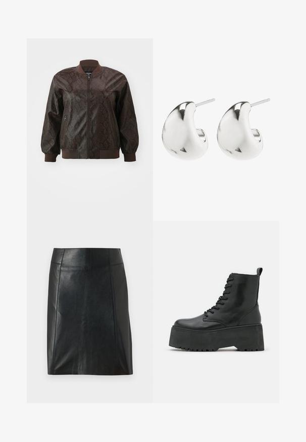 Ruda odinė bomber striukė su gyvate tekstūra, su raukšlėta apykakle, rankovėmis ir juosmeniu, turinti priekinį užtrauktuką ir šonines kišenes.; Balta raukšlėta liemenėlė be rankovių, su apvaliu iškirpimu, tiesiu apvadu ir lygiu, elastingu audiniu.; Juodas odinis sijonas su prigludusia forma. Sklandžiai tekstūra, siūlės apibrėžiančios formą ir tiesus apvadas. Minimalistiškas ir elegantiškas išvaizda.; Juodos aulinės batai su masyviu platformos padu, pagaminti iš minkštos odos, su raištelių dizainu ir užtrauktuku gale.; Sidabriniai auskarai su glotnia, lenkta forma. Jie turi poliruotą paviršių ir kaištinę užsegimą, kad būtų saugu juos nešioti.