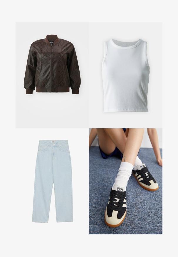 Giubbotto bomber in pelle marrone con texture in pelle di serpente, colletto a coste, polsini e bordo inferiore a coste, dotato di chiusura frontale con zip e tasche laterali.; Top a canotta bianco a coste con scollatura rotonda e senza maniche, caratterizzato da un orlo dritto e una texture liscia e elastica.; Jeans azzurri a gamba larga in denim, con vita media, cinque tasche e chiusura con bottone accompagnata da un sottile accento metallico.; Scarpe sportive in bianco e nero con tomaia in camoscio e pelle, caratterizzate da tre strisce bianche e una suola in gomma. Paio indossato con calzini bianchi.