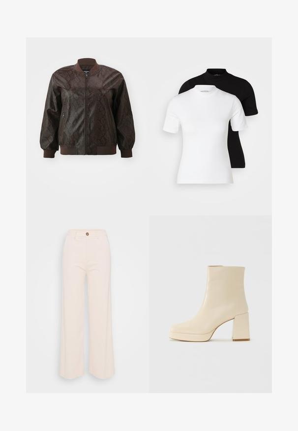 Brown leather bomber jacket with snake skin texture, ribbed collar, cuffs, and hem, featuring a front zipper and side pockets.; Even&Odd Petite 2 PACK - Basic T-shirt - white/black; Wide-leg trousers in soft cream fabric, featuring a high waist, a single button closure, and minimal stitching details.; Beige leather ankle boot with block heel and platform sole, smooth finish, and slightly squared toe facing left on white background.