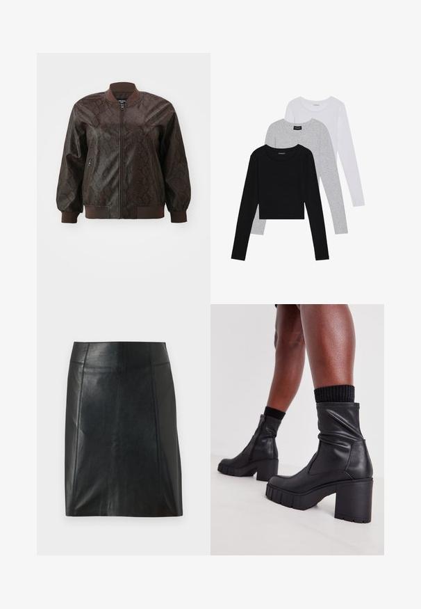 Braune Lederbomberjacke mit Schlangenhautmuster, geripptem Kragen, Bündchen und Saum, mit einem Frontreißverschluss und seitlichen Taschen.; Drei langärmelige Oberteile gestapelt: schwarz, grau und weiß. Jedes hat einen runden Halsausschnitt und ein kurzes Design aus glattem, leichtem Stoff.; Schwarzer Lederrock mit taillierter Passform. Glatte Textur, Nähte, die die Form betonen, und ein gerader Saum. Minimalistische und elegante Optik.; Schwarze Lederstiefeletten mit einem lässigen Design, klobigem hohen Absatz und strukturiertem Gummisohle. Mit einem Reißverschluss an der Seite.