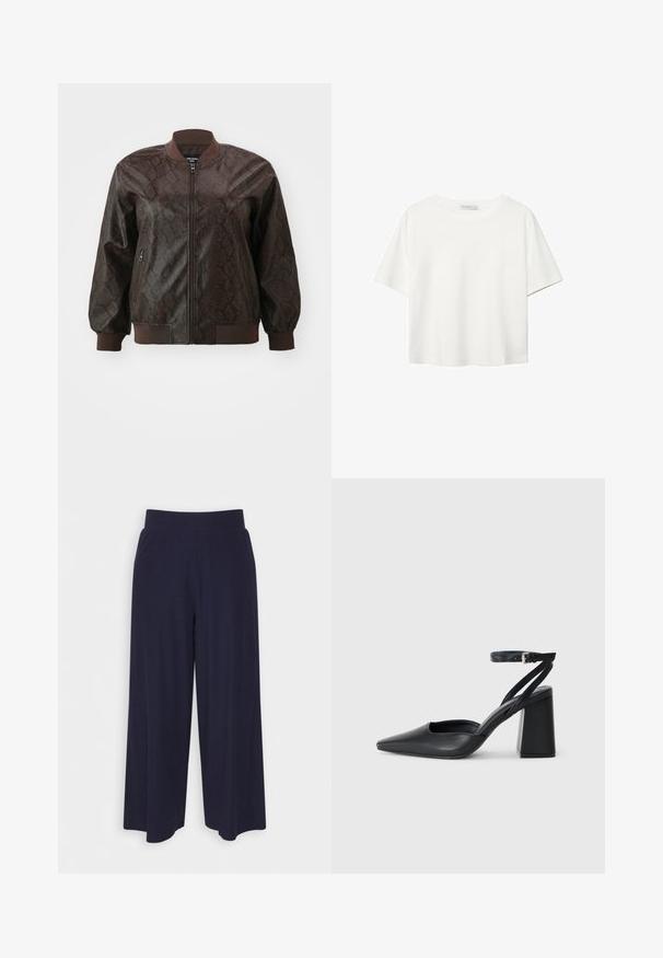 Brun læder bomberjakke med slangehudstekstur, ribbede krave, manchetter og kant, med en frontlynlås og sidelommer.; Hvid kortærmet t-shirt lavet af bomuld. Har en rund halsudskæring og en afslappet pasform. Glat tekstur uden synlige mønstre eller detaljer.; Bredde bukser i mørkeblå stof med en ribbet tekstur. Har en glat talje og en let silhuet, der når til midten af læggen.; Sort læder spidse pumps med ankelrem og en chunky hæl. Flad tekstur, slankt design og minimalistisk æstetik.