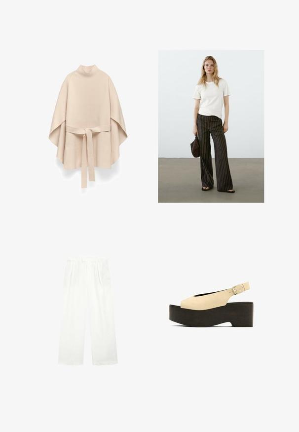Poncho en tricot beige avec un col montant et une ceinture assortie nouée à la taille, présentant des manches larges et fluides ainsi qu'une texture douce.; T-shirt beige clair à col rond associé à un pantalon large à rayures noires. Accessoirisé avec un sac en perles noir et des sandales plates. Texture lisse.; Pantalons blancs à jambes larges en tissu léger, avec un devant plat, des plis et une taille, offrant une coupe ample et aérée.; Sandales à plateforme en suède beige avec un bout ouvert, un design à bride arrière, et une semelle de couleur bois foncé, comportant une boucle en métal pour l'ajustement.