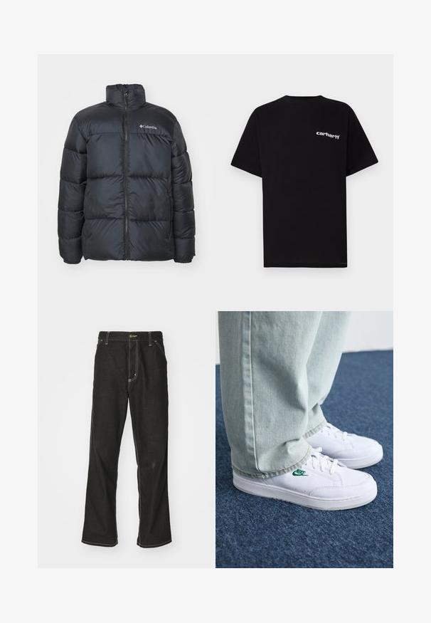Black puffer jacket with a high collar, front zipper, elastic cuffs, and stitched panels for insulation. Features Columbia logo on chest.; Black cotton t-shirt with short sleeves, crew neckline, and white "Carhartt" logo on the left chest. Smooth texture, minimal design.; Black denim jeans with a loose fit, featuring contrasting white stitching, a button closure, and a straight leg design.; White leather sneakers with green Nike logo, round toe, flat sole, paired with light blue denim pants, shown on a blue carpet.