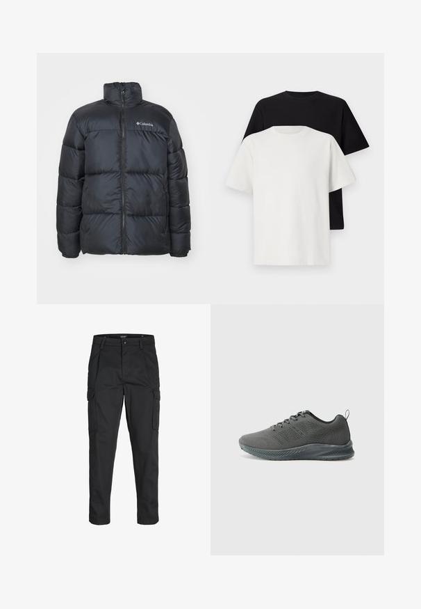 Must musta jacket kõrge kraega, esi luku, elastsete mansettide ja isoleeritud õmblustega. Rinnal on Columbia logo.; Puuvillane t-särkide komplekt, mis sisaldab musta ja valget särk, mõlemad lühikeste varrukatega, ümmarguse kaelusega ja standardse lõikega. Tekstuuriga kangas.; Mustad mustapõlvik, mis on valmistatud tugeva koe kasutades, sisaldab mitmeid taskuid, nupule kinnitatav sulgemine ja kitsenev disain.; Halli sportlikud kingad, millel on hingav võrkmaterjalist pealis, tekstuuriga külged ja paindlik kummist tald. Omab sidumisnööre ja tõmbetabasid.