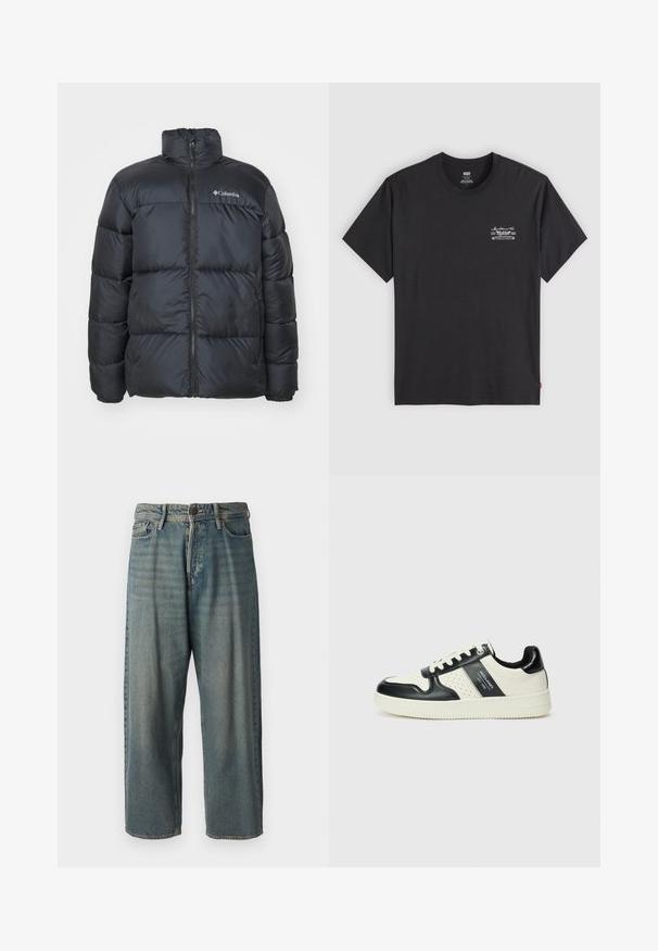 Jachetă puffer neagră cu guler înalt, fermoar frontal, manșete elastice și panouri cusute pentru izolație. Prezintă logo-ul Columbia pe piept.; Tricou din bumbac negru, cu mânecă scurtă și guler rotund. Are un mic imprimat grafic alb pe pieptul stâng. Textură netedă.; Jeans din denim bleu deschis, cu o croială lejeră, talie medie și picioare drepte. Au cinci buzunare, bucle pentru curea și închidere cu nasture.; Tenisi din piele cu un scheme de culori negru și crem, dotati cu accente perforate, guler căptușit și o talpă texturată.