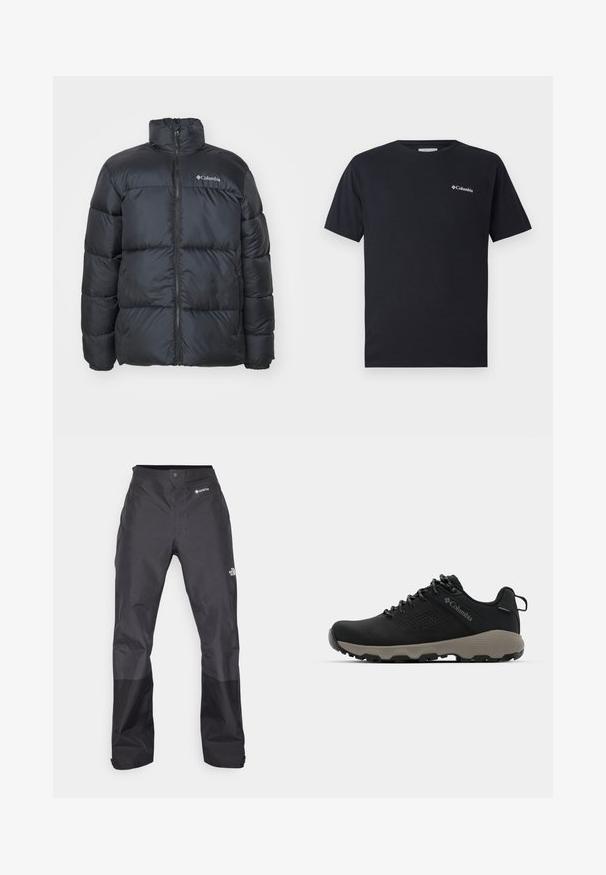Čierna prešívaná bunda s vysokým golierom, predným zipsom, elastickými manžetami a prešívanými panelmi pre izoláciu. Na hrudi sa nachádza logo Columbia.; Čierne tričko s krátkym rukávom vyrobené z bavlny, s malým bielym logom Columbia na ľavej hrudi. Klasický okrúhly výstrih a voľný strih.; Čierne nepremokavé nohavice s hladkým povrchom, so značkou GORE-TEX na prednej strane a zosilnenými dolnými nohavicami pre väčšiu odolnosť.; Čierne turistické topánky s hladkým zvrškom, perforovaným dizajnom, šedou podrážkou a vystuženým pätou. Obsahujú šnúrky a pútko pre jednoduché obúvanie.
