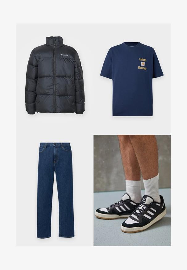 Schwarze Daunenjacke mit hohem Kragen, Reißverschluss vorne, elastischen Bündchen und genähten Paneelen zur Isolierung. Mit dem Columbia-Logo auf der Brust.; Marineblaue Baumwoll-T-Shirt mit kurzen Ärmeln, mit goldener Schrift "Carhartt University" und einem Logo-Patch auf der linken Brust.; Dunkelblaue gerade geschnittene Jeans mit Fronttaschen und Knopfverschluss, auf einem schlichten weißen Hintergrund präsentiert.; Schwarz-weiße Sneaker mit einem Obermaterial aus Wildleder und Leder, ausgestattet mit drei weißen Streifen, einer perforierten Zehenpartie und einer Sohle aus Gummi.