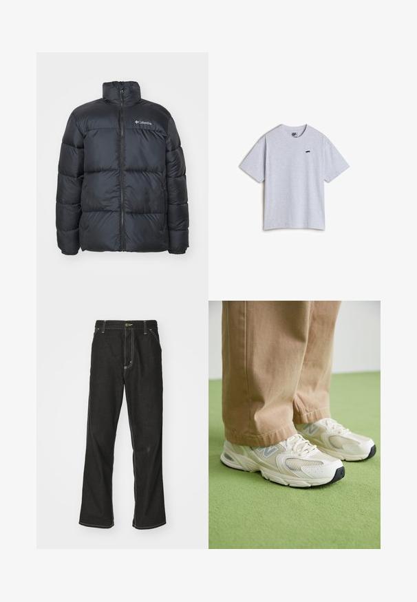 Zwarte pufferjack met een hoge kraag, ritssluiting aan de voorkant, elastische boorden en gestikte panelen voor isolatie. Bevat het Columbia-logo op de borst.; Grijze katoenen t-shirt met korte mouwen. Voorzien van een klein zwart grafisch ontwerp op de linkerborst. Ronde halslijn, relaxte pasvorm.; Zwarte denim jeans met een losse pasvorm, voorzien van contrasterende witte stiksels, een knoopsluiting en een recht ontwerp.; Beige mesh en synthetische sneakers met een witte zool, voorzien van veters en een grijze logo-detail, tegen een groene achtergrond.