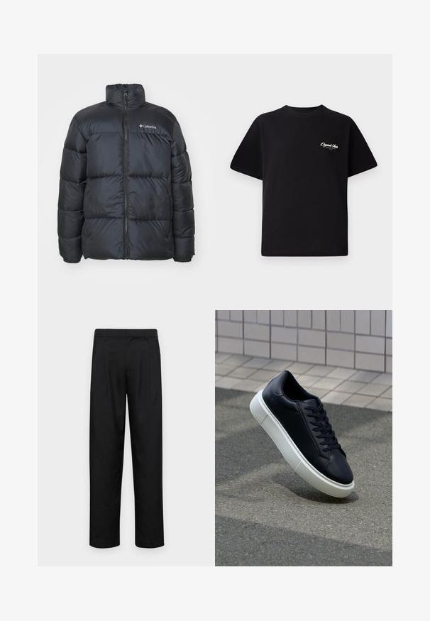Casaco puffer preto com colarinho alto, fecho frontal, punhos elásticos e painéis costurados para isolamento. Apresenta o logótipo da Columbia no peito.; T-shirt de algodão preto com decote redondo, mangas curtas e pequeno texto de logo branco no lado esquerdo do peito. Design simples, corte clássico.; Calças pretas feitas de tecido suave, com um design de perna reta, dois pregas frontais e uma cintura padrão com passantes para cinto.; Sapatilha de couro preto com bico arredondado e sola de borracha branca. Apresenta atacadores planos e costuras mínimas na parte superior. Sola texturizada para melhor aderência.