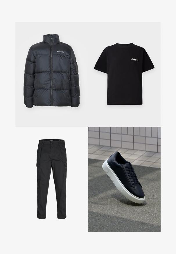 Chaqueta acolchada negra con cuello alto, cremallera frontal, puños elásticos y paneles cosidos para aislamiento. Presenta el logo de Columbia en el pecho.; Camiseta de algodón negra con cuello redondo, mangas cortas y pequeño texto en blanco del logo en el lado izquierdo del pecho. Diseño simple, corte clásico.; Pantalones cargo negros hechos de tela resistente, que cuentan con múltiples bolsillos, un cierre de botón y un diseño de corte slim con piernas ajustadas.; Zapatilla de cuero negro con punta redonda y suela de goma blanca. Presenta cordones planos y un mínimo de costuras en la parte superior. Suela texturizada para proporcionar agarre.