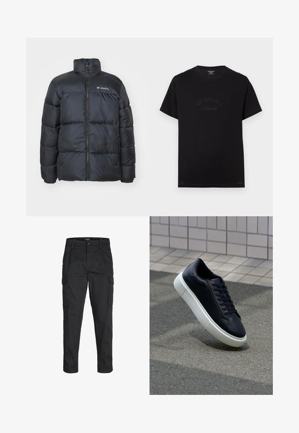 Svart pufferjacka med hög krage, framdragkedja, elastiska muddar och sömda paneler för isolering. Har Columbia-logotypen på bröstet.; Svart bomulls t-shirt med korta ärmar och rund halsringning. Har "ORIGINALS Studio" präglat i tonade bokstäver på framsidan.; Svarta cargobyxor tillverkade av hållbart tyg, med flera fickor, knappstängning och en smal passform med avsmalnande ben.; Svart lädersneaker med rundad tå och vit gummisula. Har platta snören och minimal sömnad på ovansidan. Texturerad sula för grepp.