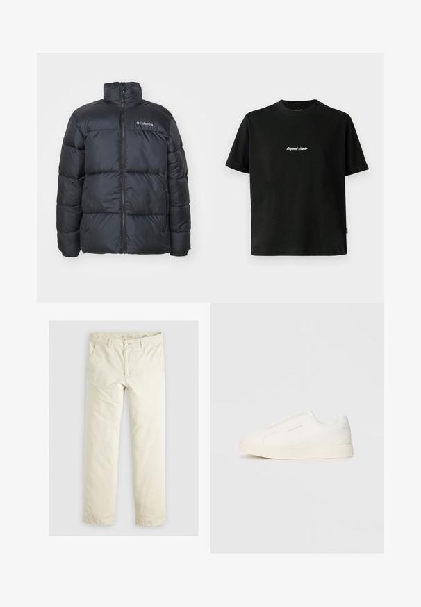 Sort pufferjakke med høj krave, lynlås foran, elastiske manchetter og quiltede paneler til isolering. Har Columbia-logo på brystet.; Sort bomulds T-shirt med korte ærmer, prydet med hvid broderet "Original Studio" tekst på tværs af brystet og en rund udskæring.; Lys beige løstsiddende bukser med tre lommer, bæltestropper og lige ben. Fremstillet af et blødt bomuldsblandingsstof.; Hvide slip-on sneakers med en struktureret overflade, en tyk sål og et minimalistisk design. Har brandlogoet på siden.