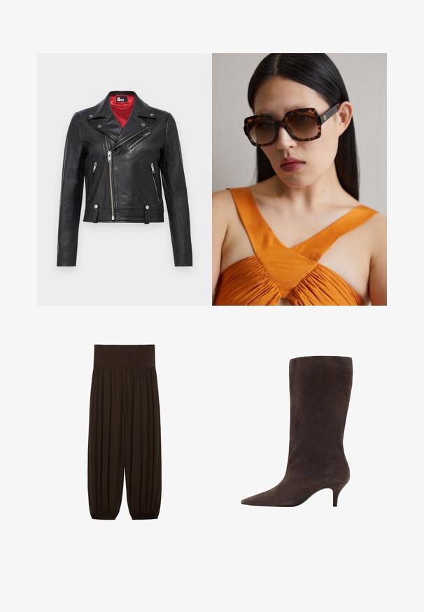 Svart läderbikerjacka med en kortad design, asymmetrisk dragkedja, silverfärgad hårdvara och röd foder. Funkar inkluderar dragkedjefickor.; Beige tröja av mjukt material, med rund halsringning och långa ärmar. Enkel design utan mönster eller dekorationer.; Bruna plisserade byxor med ett brett, elastiskt midjeband. Tyget är lätt och strukturerat, med samlade fållar vid bensluten.; Brun mocka knähög stövel med spetsig tå och medelhög klack, med en slät textur och elegant design.; Bruna sköldpaddsmönstrade solglasögon i storlek oversized med en bred rektangulär båge och gradientlinser. Guldlogo på sidan.