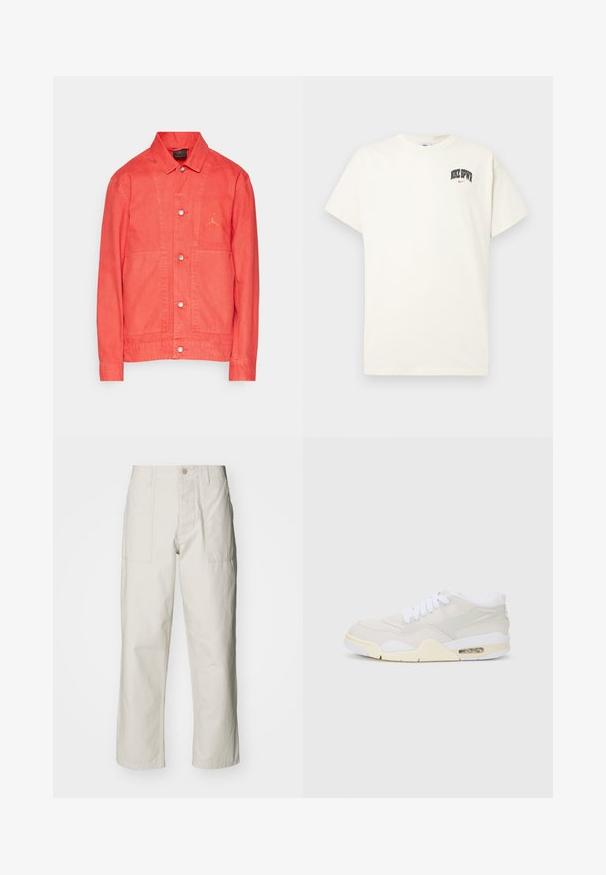 Red denim jacket with a collar, front button closure, two large pockets, and an embroidered logo on the chest. Smooth texture and tailored fit.; Cream-colored cotton t-shirt with short sleeves, featuring "NIKE SB" in black and red text on the chest. Standard round neckline.; Light beige wide-leg pants made of cotton. Features front pockets and a button closure. Smooth texture with subtle vertical lines.; Sneakers with a light beige synthetic upper, white laces, and visible cushioning. Features a smooth sole and subtle side accents.