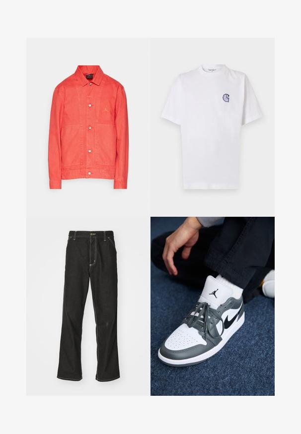 Rdeča denim jakna s ovratnikom, sprednjim gumbom, dvema velikima žepoma in vezanim logotipom na prsih. Gladka tekstura in prilegajoč kroj.; Bela bombažna majica s kratkimi rokavi, okrolim izrezom in majhnim, vezenim modrim logotipom "C" na levi strani prsnega koša.; Črne jeans hlače ohlapenega kroja, ki imajo kontrastno belo šivanje, zapiranje na gumb in ravno nogavico.; Tenis Nike Air Jordan 1 v usnjeni kombinaciji bele in sive, z značko v črni barvi, perforiranim prstom in ravnimi sivimi vezalkami.