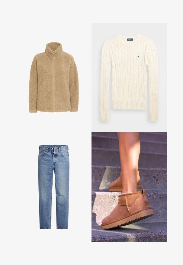 Beige fleecová bunda s vysokým límcem, celopropínacím zipem a postranními kapsami. Má měkký, strukturovaný povrch a uvolněný střih.; Krémový svetr s pleteným vzorem, dlouhými rukávy, žebrovanými manžetami a lemem, se malým vyšívaným logem na levé hrudi.; Světle modré džíny s rovný střih, designem s pěti kapsami a knoflíkovým zapínáním. Mají jemné vyblednutí a oranžové prošití.; Světlé semišové kotníkové boty s měkkou strukturou, prošívanými detaily a gumovou podrážkou, s okrouhlým podpatkem pro snadné obouvání.