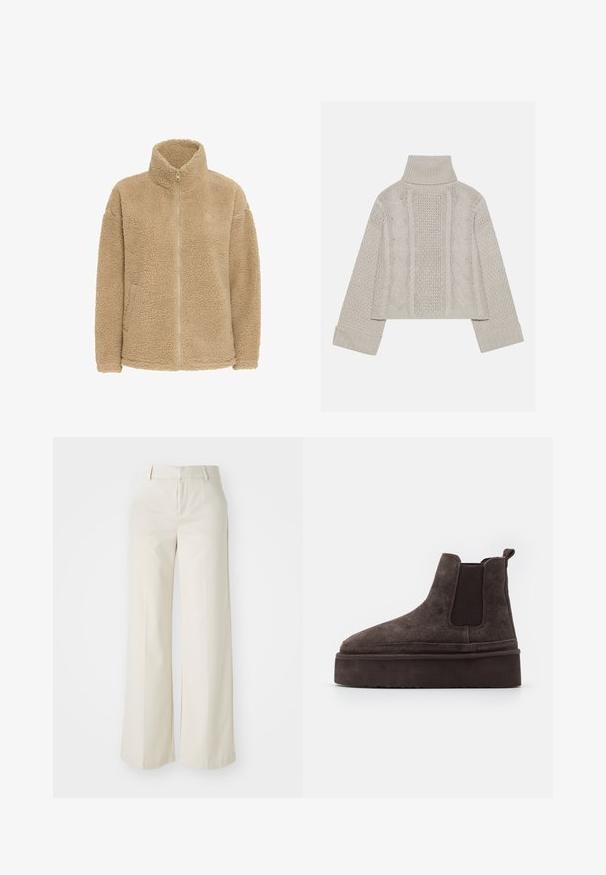 Beige polárdzseki magas gallérral, teljes hosszában zipzárral és oldalsó zsebekkel. Puha, texturált felülettel és laza szabással rendelkezik.; Rövidített, világosszürke kötött pulóver magas gallérral és bordázott mandzsettákkal, hátul és az oldalakon texturált sodrott mintákkal.; Világos bézs színű, széles lábú nadrág, sima anyagból készült. Klasszikus derékrésszel és lapos elülső résszel, letisztult vonalakkal rendelkezik.; Barna nubuk Chelsea csizma elasztikus oldalsó panelekkel és vastag, textúrázott talppal. A saroknál található húzófül megkönnyíti a felhúzást.