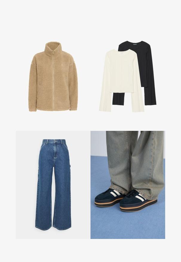 Beige fleecejacka med hög krage, hel dragkedja och sidofickor. Har en mjuk, texturerad yta och avslappnad passform.; Set med två långärmade toppar i vitt och svart. Ribbade texturer, rund hals, figurnära design med något utställda ärmar.; Breda ljusblå denimbyxor med hög midja, kontrasterande sömmar och sidofickor, som har en klassisk femficksdesign och råa kanter.; Mörkblå mocka plattformssneakers med vita randar och svarta snören. Har en tjock brun gummisula. Bärs med ljusblå denimbyxor.
